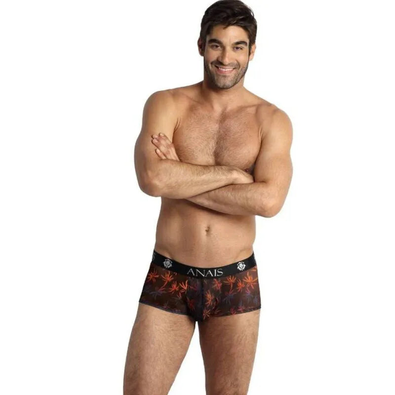 Boxer homme noir imprimé palmiers, ajusté, extensible, confortable, confection européenne, style sportif et élégant.