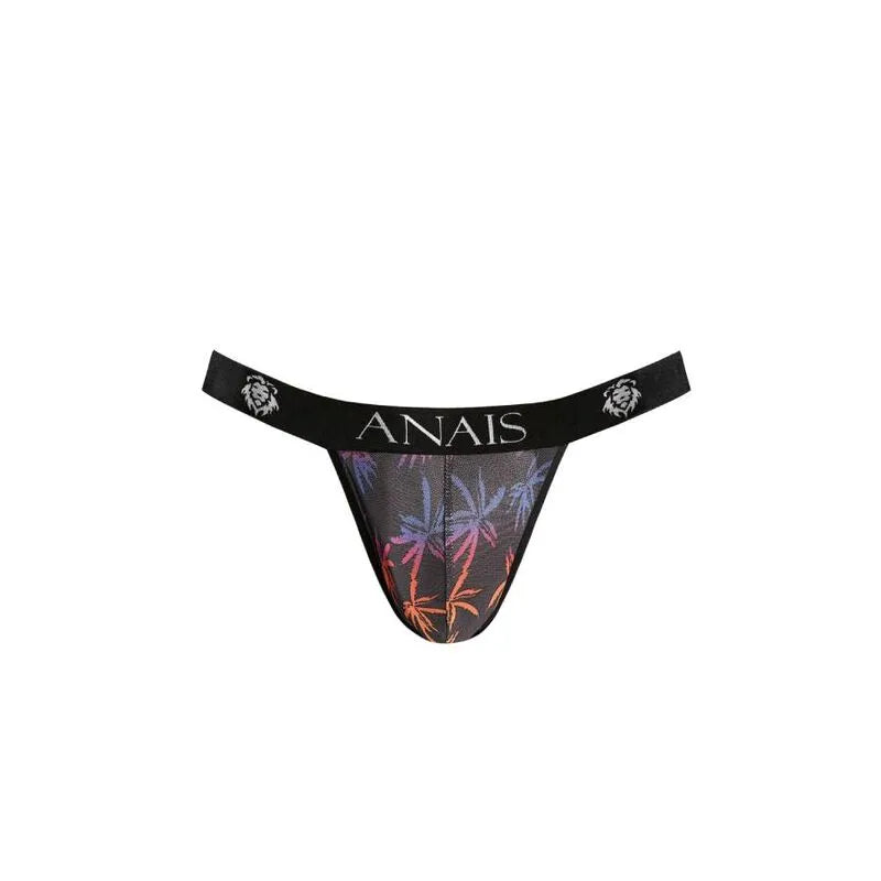 Jockstrap noir Anais Men avec imprimé palmiers colorés, coupe audacieuse, matériaux de qualité, ajustement parfait.