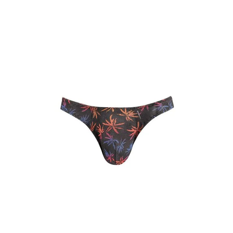 String homme noir en tulle avec imprimé palmiers colorés, élastique délicat, confort optimal, séduction élégante.