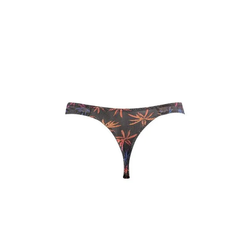 String homme en tulle noir avec imprimé palmiers colorés, élastique délicat, confort optimal, séduction assurée.