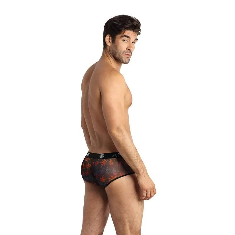 Boxer homme tulle noir avec imprimé palmiers colorés, coupe sportive ajustée, élégant et confortable.