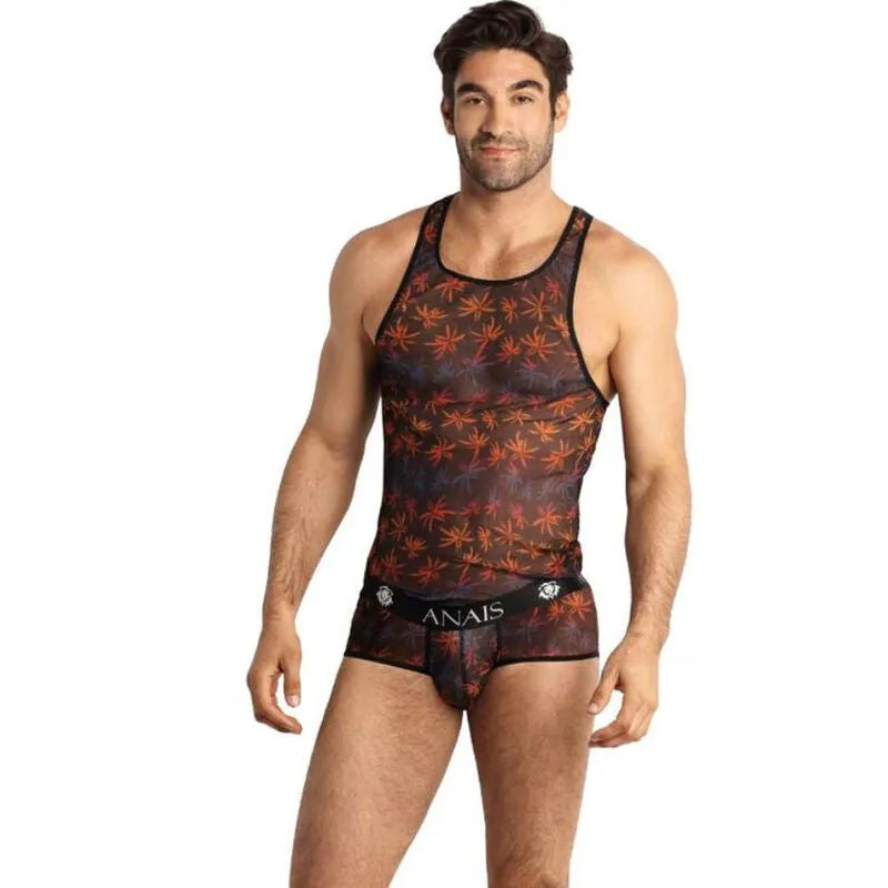 anais men chill top lingerie noir sexy imprimé palmier sans manches ajusté