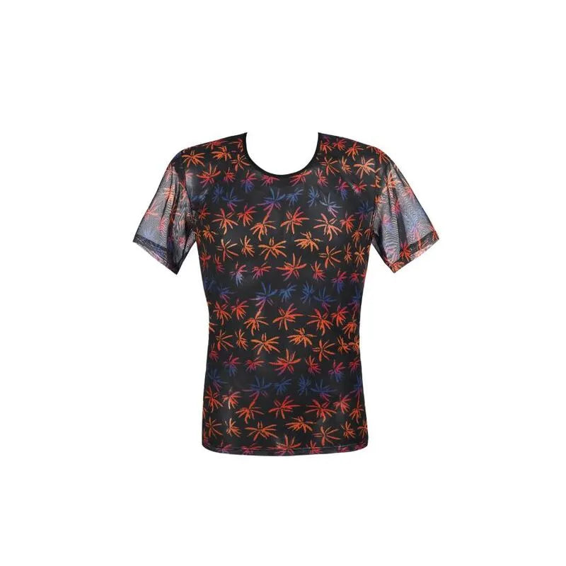 T-shirt homme en tulle noir imprimé palmiers colorés, ajusté, 95% polyamide, 5% élasthanne, Anais Apparel.