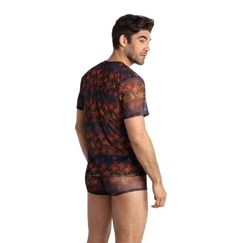 T-shirt homme noir en tulle avec imprimé palmiers colorés, ajusté, Anais Men Chill.