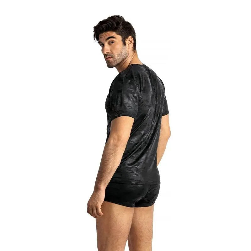 T-shirt homme ANAIS MEN ÉLECTRO noir, ajusté, microfibre imprimé militaire, vue de dos, style moderne et sexy.