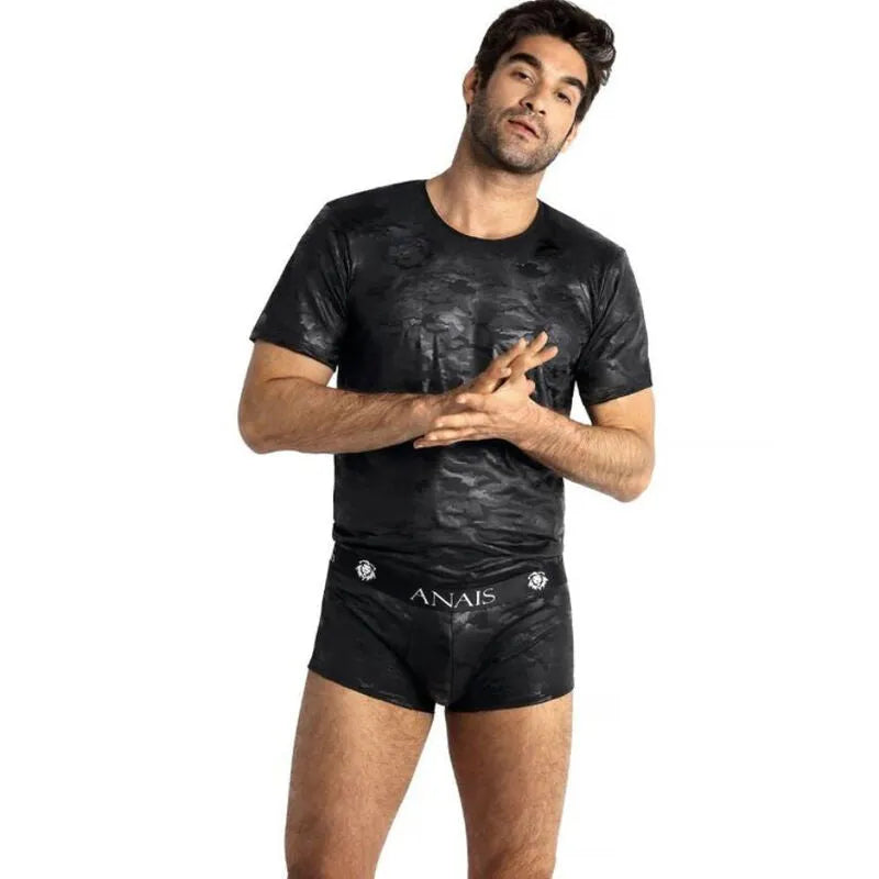 T-shirt homme ANAIS noir imprimé militaire, ajusté, microfibre douce, mode sexy et moderne.