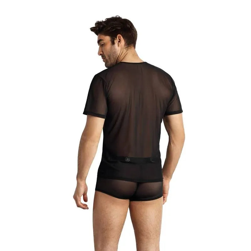 T-shirt Éros homme en tulle noir ajusté, finition élégante, vue arrière, Anais Apparel, lingerie sexy.