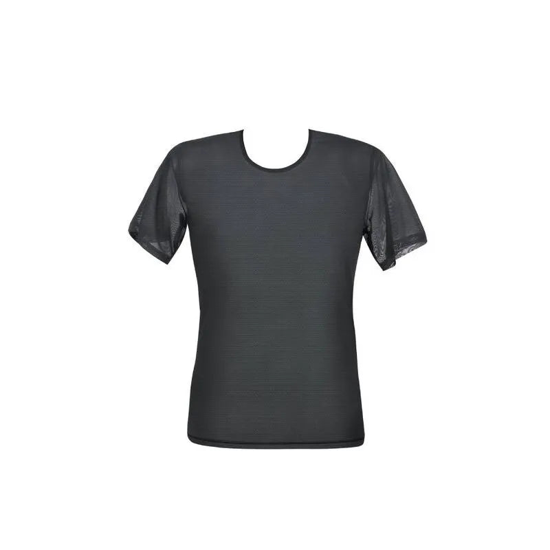 T-shirt Éros en tulle noir ajusté, finition élégante, manches courtes, idéal pour un look moderne et séduisant.