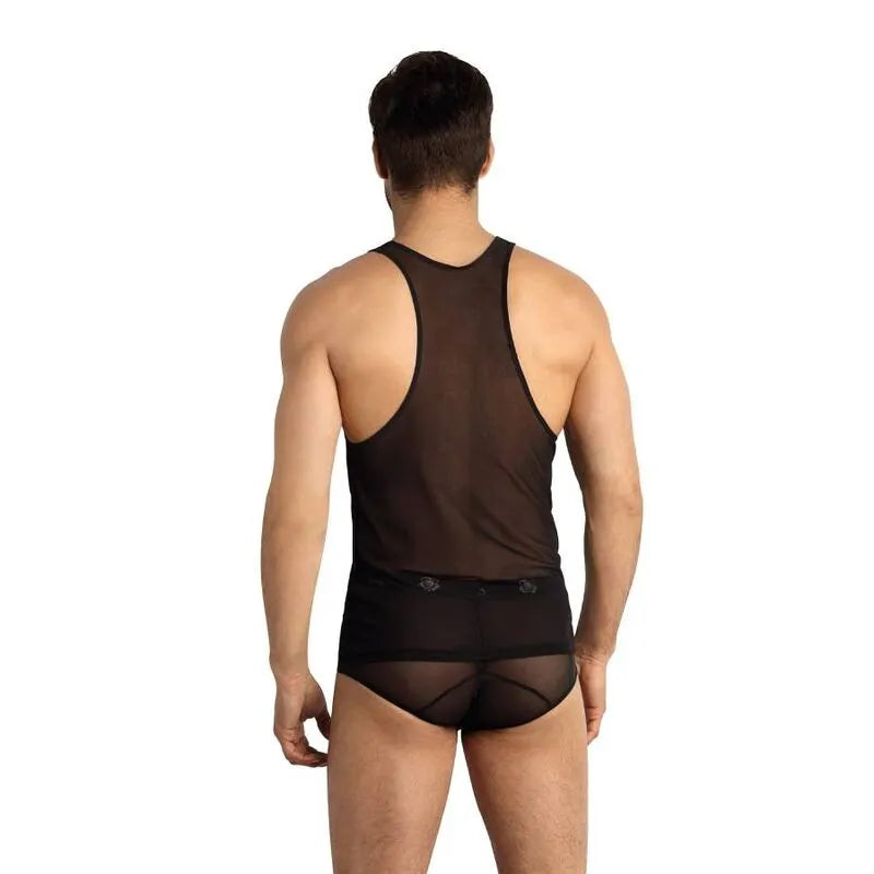 Homme portant un haut tulle noir sans manches Anais Eros, ajustement sculptant, élégant et séduisant, vue de dos.
