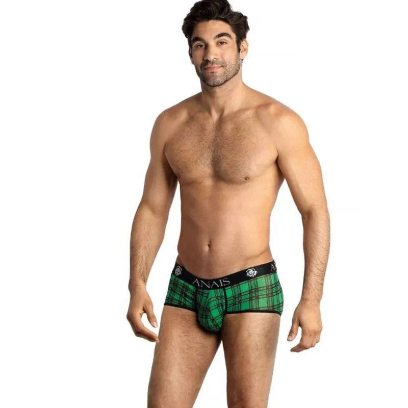 Boxer homme vert à carreaux noirs, bande élastique noire à la taille, confort et style Anais Apparel.