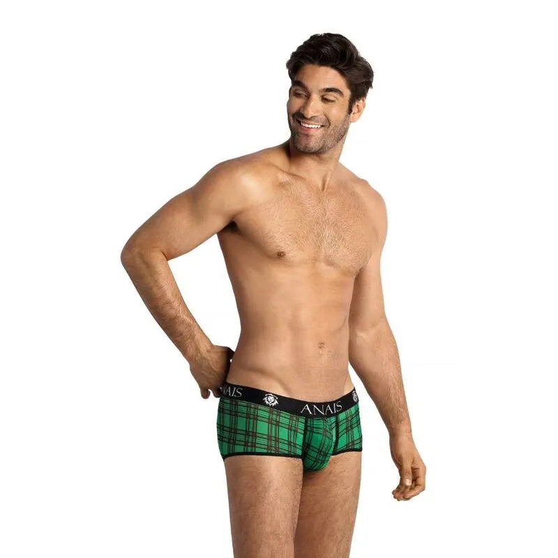 Slip homme sexy vert et noir à carreaux, en lycra doux, avec bande élastique, Anais Apparel, confort optimal.