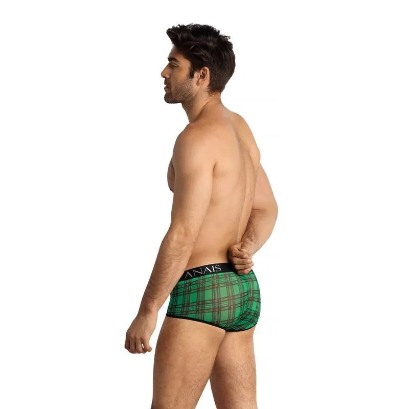 Boxer homme à carreaux verts et noirs, bande élastique noire à la taille, coupe ajustée, confort et style Anais.