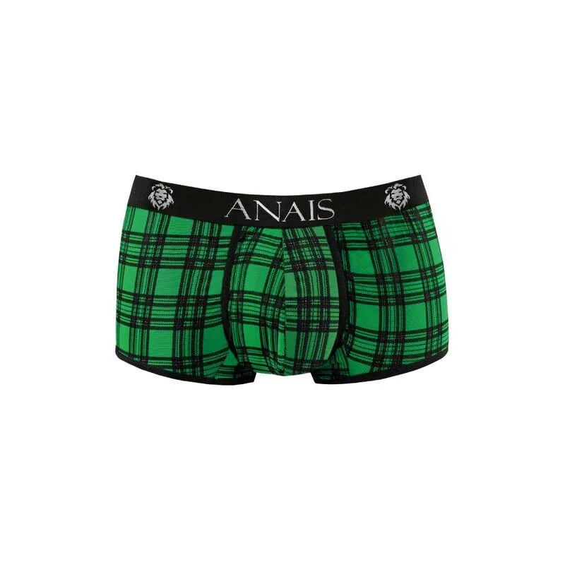 Boxer homme à carreaux verts et noirs, bande élastique noire, logo Anais, coupe ajustée, confort et style.