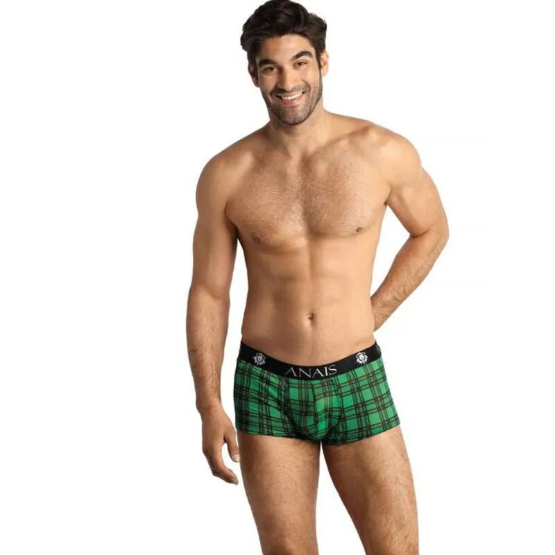 Boxer homme vert à carreaux noirs, bande élastique noire Anais, coupe ajustée, confort optimal, style sexy.