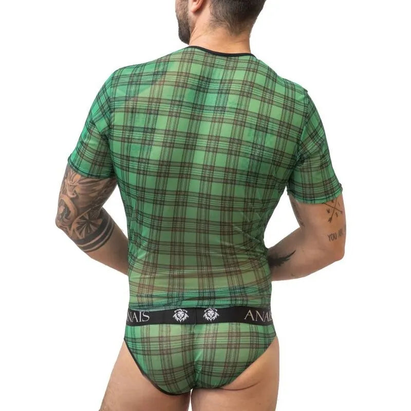 T-shirt homme vert à carreaux noirs, coupe ajustée, matière lycra douce, ceinture élastique Anais visible, dos exposé.