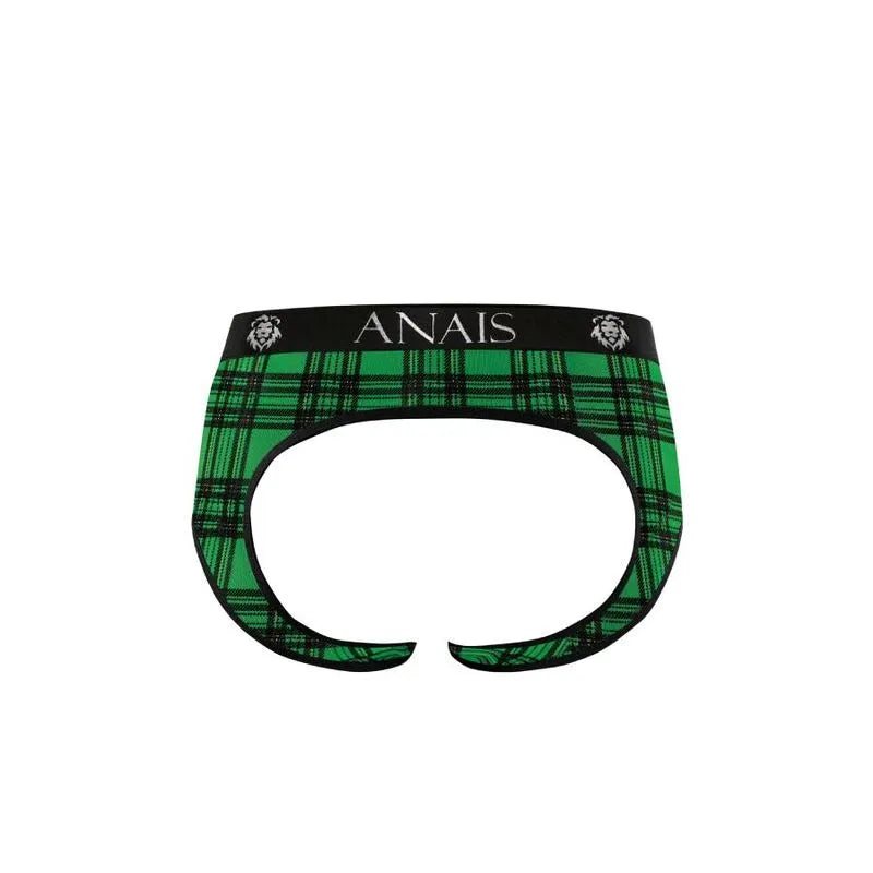 Bikini jock homme vert à carreaux noirs, bande élastique noire avec logo Anais, lycra doux, coupe sexy et confortable.