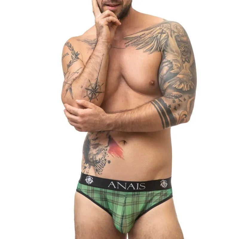 Slip homme sexy à carreaux verts et noirs, bande élastique noire Anais, coupe ajustée, confort optimal.