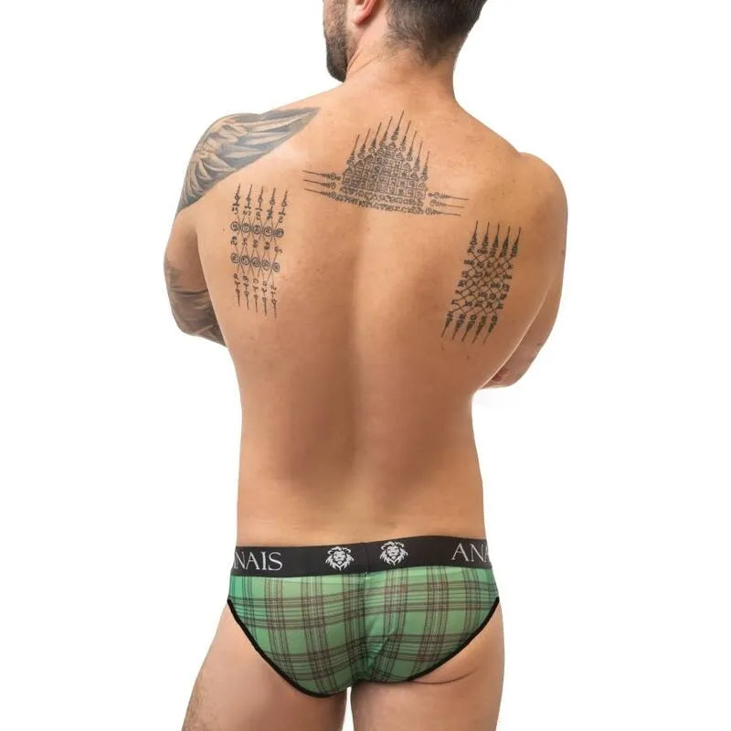 Slip homme sexy à carreaux verts et noirs, bande élastique large, confort optimal, Anais Apparel, vue de dos.