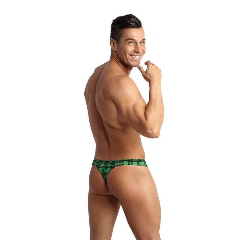 Slip homme sexy à carreaux verts et noirs, coupe string, bande élastique à la taille, confort et style Anais Apparel.