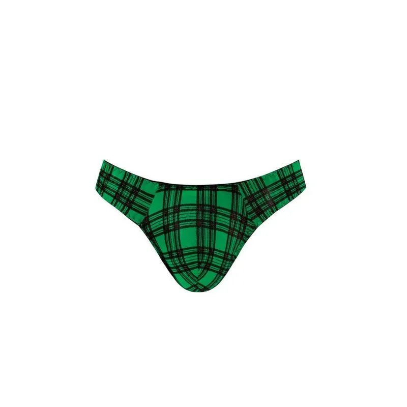 String homme vert à carreaux noirs, lycra doux, coupe sexy et confortable, Anais Apparel, lingerie de haute qualité.