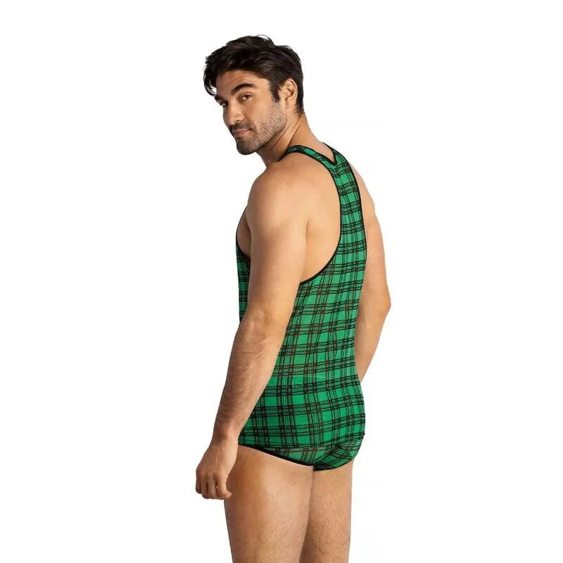 Homme portant un slip vert à carreaux noirs Anais Men, coupe ajustée, bande élastique à la taille, lycra doux.