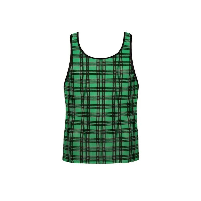 Débardeur homme à carreaux verts et noirs, lycra doux, bande élastique, Anais Apparel, confort optimal.