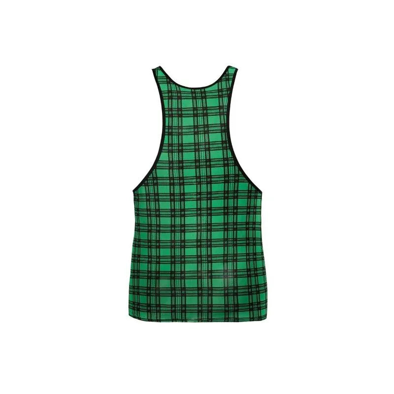 Débardeur homme en lycra doux à carreaux verts et noirs, coupe ajustée, bande élastique, Anais Apparel.