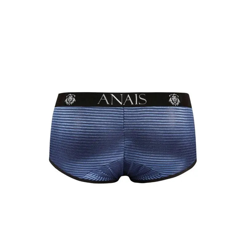 Slip homme Anais Men, tulle noir à rayures satinées bleu marine, coupe sportive, ajustement parfait, taille élastique.