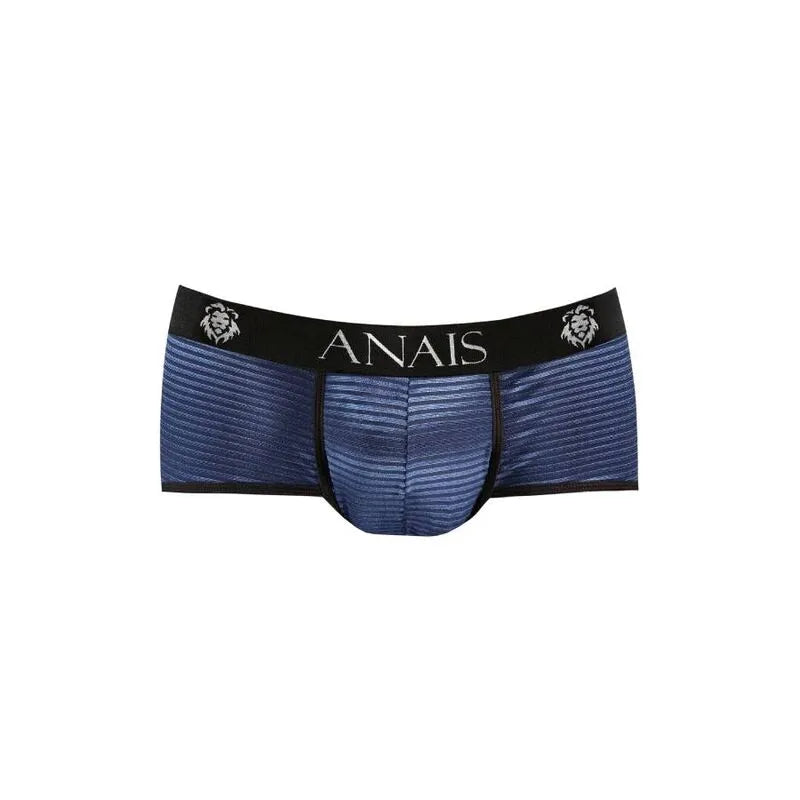 Slip homme ANAIS MEN NAVAL, tulle noir à rayures satinées bleu marine, coupe sportive, ajustement parfait.