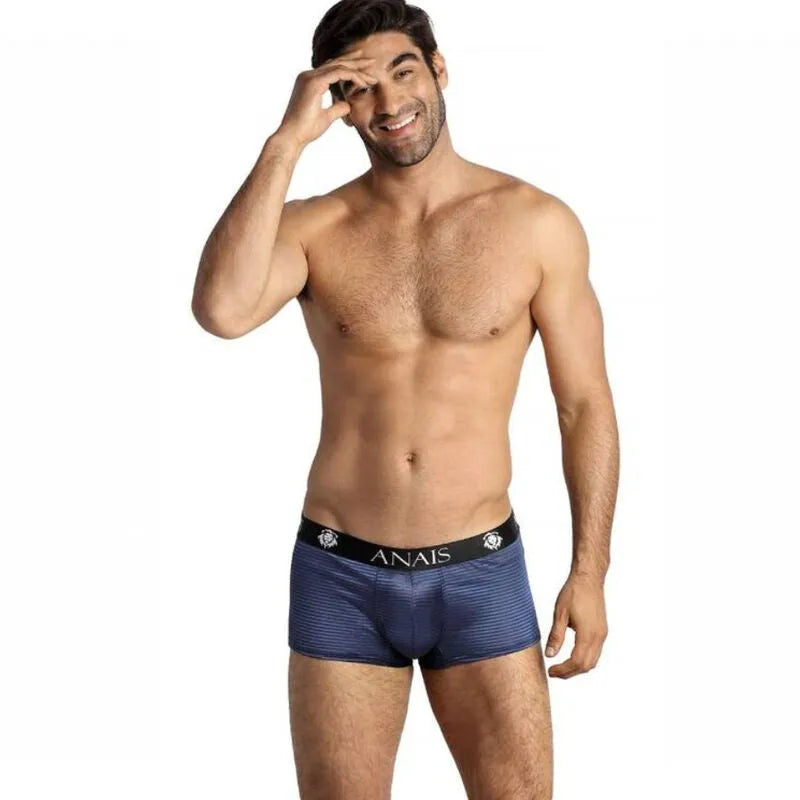 Boxer homme rayures satinées bleu marine, coupe sportive, jambes longues, tissu extensible doux, marque ANAIS.