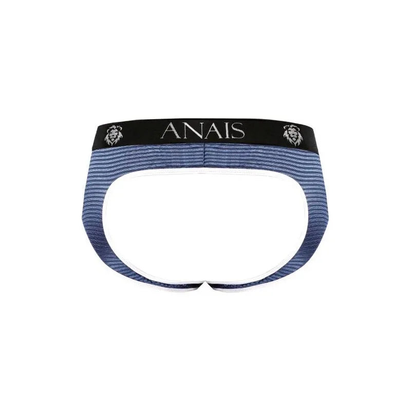 Slip bikini homme Anais, tulle noir à rayures bleues, coupe audacieuse, fesses ouvertes, élastique noir logo Anais.
