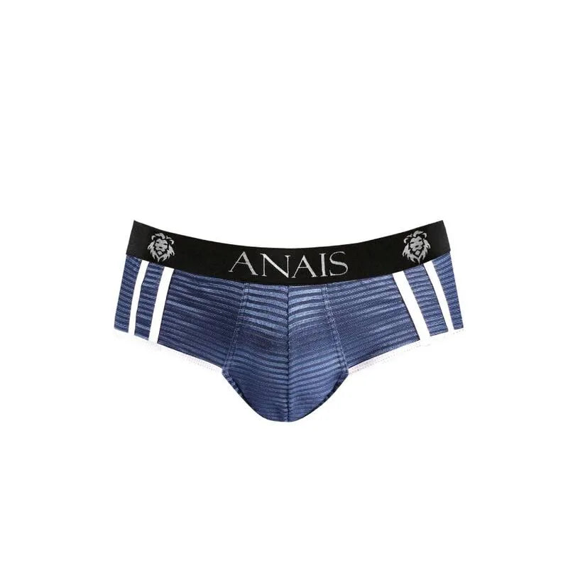 Slip bikini homme Anais, tulle noir à rayures satinées bleu marine, coupe audacieuse, fesses ouvertes, sexy et élégant.