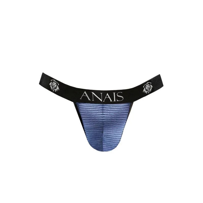 Jockstrap homme Anais, tulle noir à rayures satinées bleu marine, coupe audacieuse, ajustement parfait, lingerie sexy.