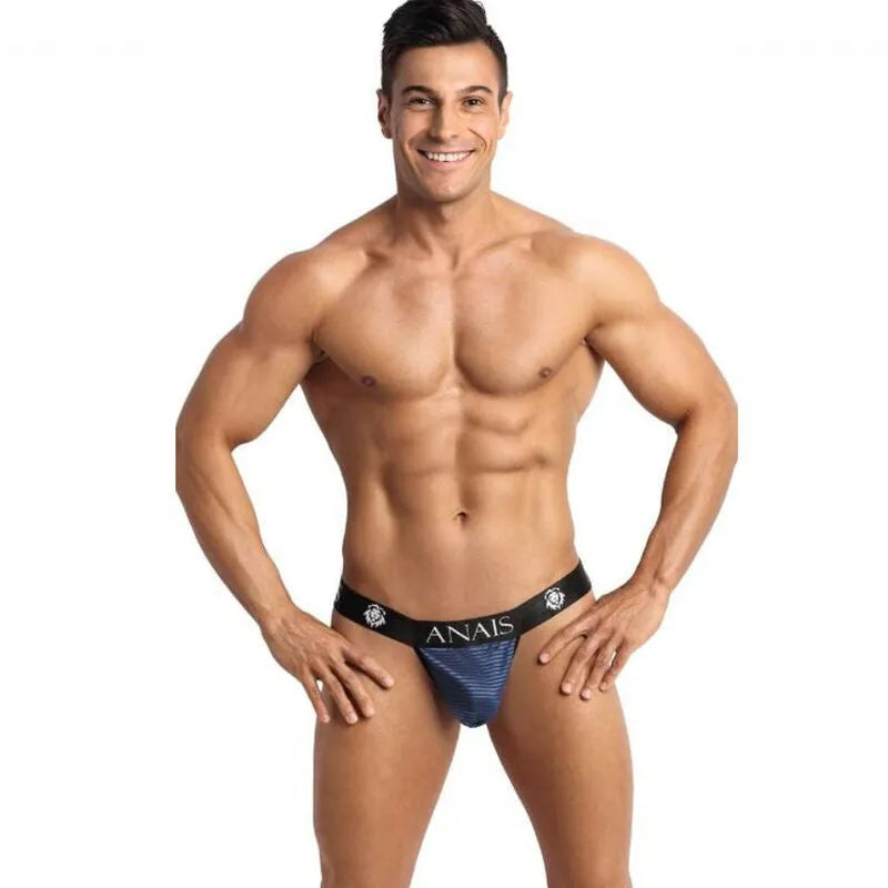 Jockstrap homme Anais, tulle noir à rayures satinées bleu marine, coupe audacieuse, ajustement parfait.