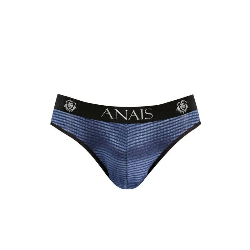 Slip homme sexy ANAIS MEN NAVAL, tulle noir à rayures satinées bleu marine, bande élastique noire à la taille.