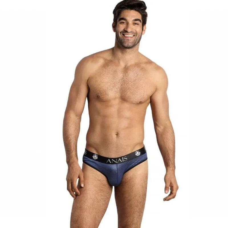 Slip homme ANAIS MEN NAVAL en tulle noir à rayures satinées bleu marine, bande élastique large et confortable à la taille.