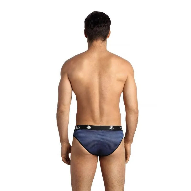 Slip homme Anais bleu marine à rayures noires, taille élastique, coupe ajustée, confort et élégance assurés.