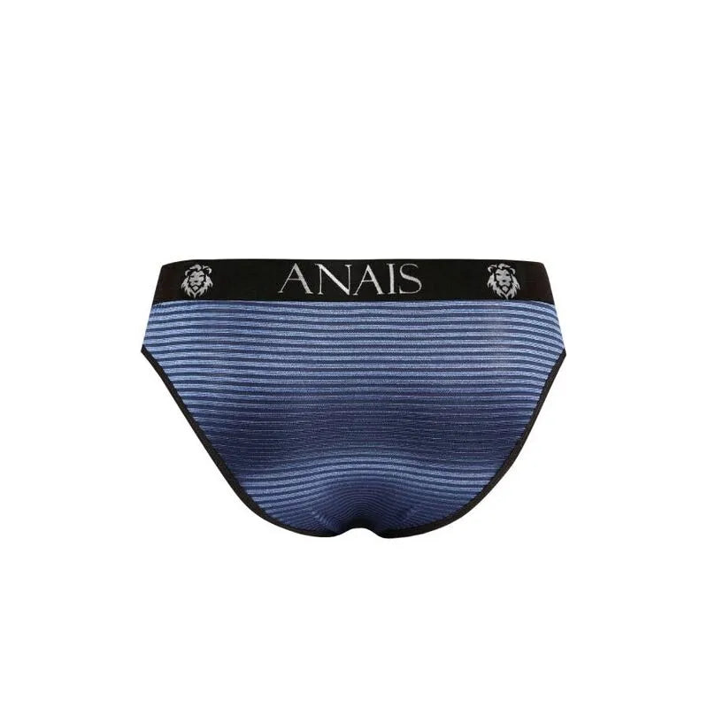 Slip homme ANAIS MEN NAVAL, tulle noir à rayures satinées bleu marine, bande élastique noire avec logo, confort optimal.