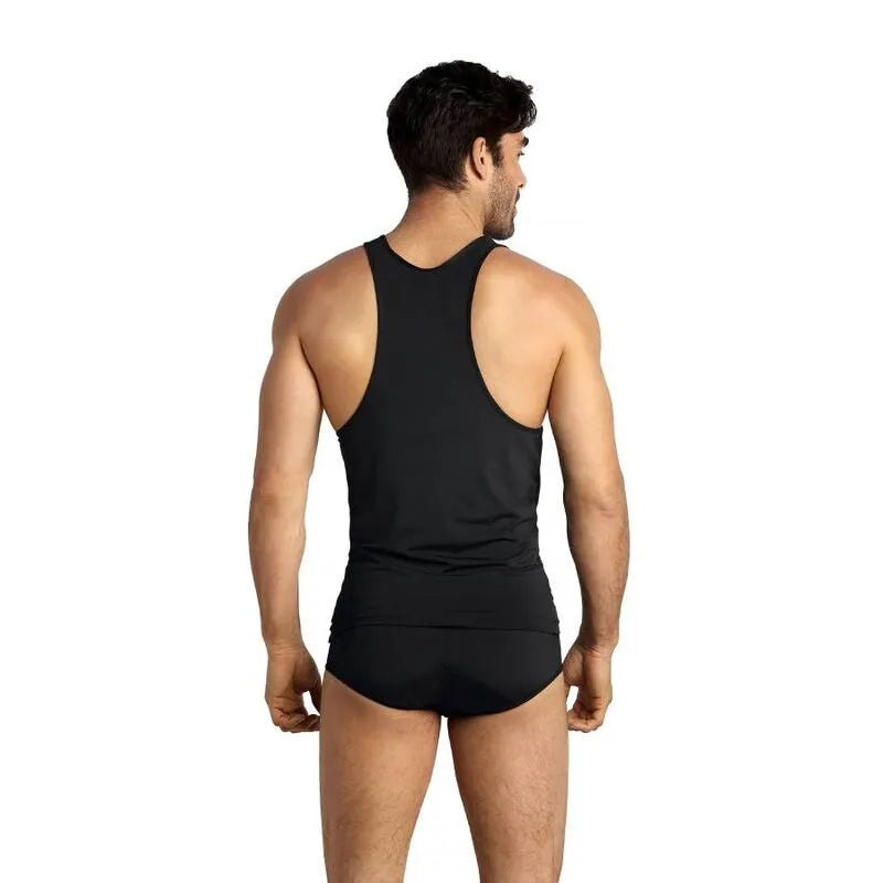 Débardeur homme noir sans manches, ajusté, en microfibre douce, Anais Men Top Petrol, vue de dos.