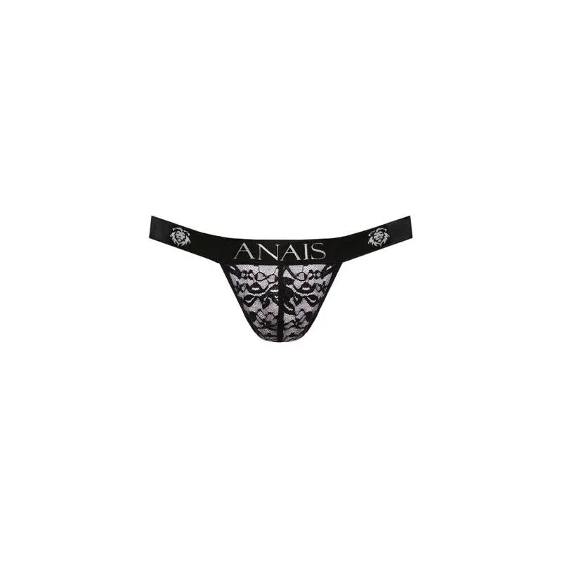 Jockstrap noir en dentelle florale, coupe audacieuse, marque Anais visible, ajustement parfait, lingerie masculine sexy.
