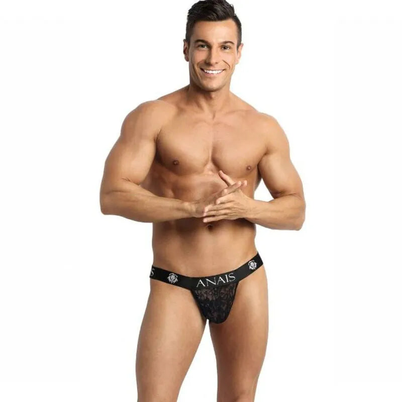 Jockstrap noir en dentelle florale pour homme, coupe audacieuse, marque Anais visible, ajustement parfait.