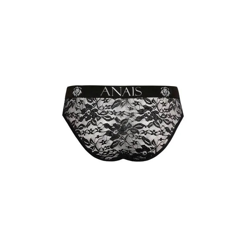 Slip homme en dentelle noire florale, bande élastique large à la taille, design Anais, sexy et confortable.