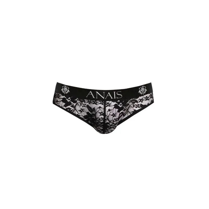 Slip homme noir en dentelle florale, bande élastique large, confort optimal, Anais Apparel, lingerie sexy haute qualité.