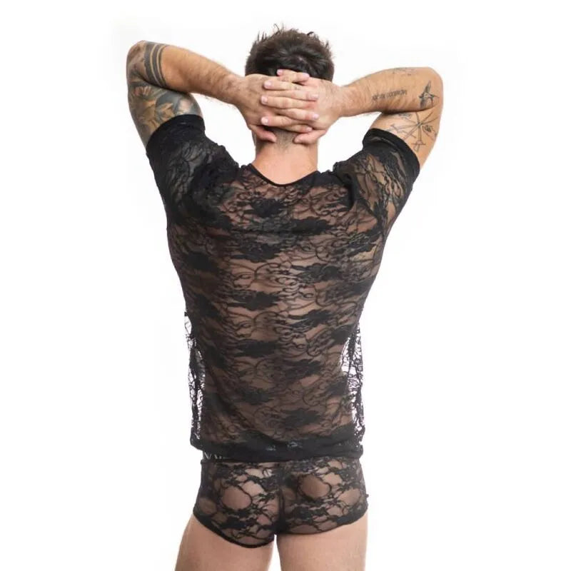 T-shirt homme en dentelle noire à imprimé fleuri, ajusté, vue de dos, Anais Apparel, lingerie sexy et élégante.