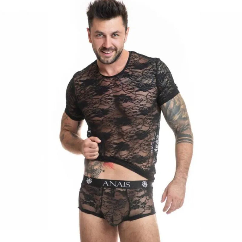 T-shirt homme noir en dentelle florale ajustée, style sexy, par Anais Apparel.