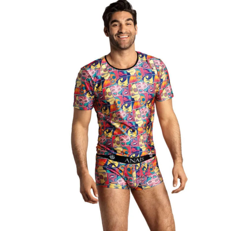 T-shirt homme comics coloré Anais, ajusté, modal doux, motifs bandes dessinées, style moderne et confortable.