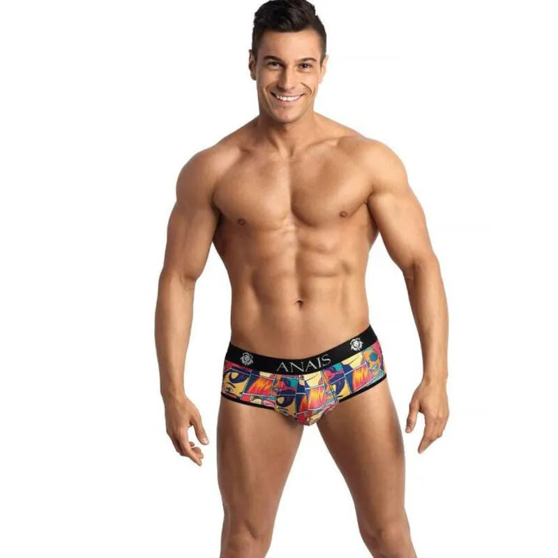 Slip bikini comics homme, couleur vive, bandes dessinées, fesses ouvertes, coupe audacieuse, Anais Apparel.