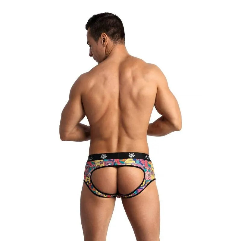Slip bikini homme comics, couleur claire, fesses ouvertes, imprimé bande dessinée, coupe audacieuse, Anais Apparel.