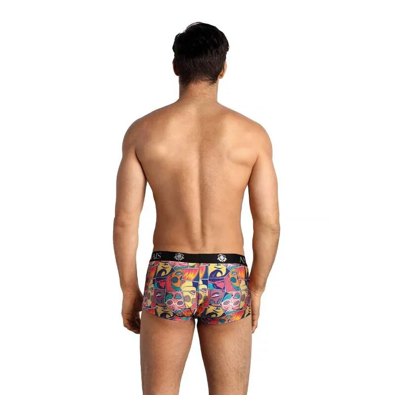 Boxer homme coloré imprimé bande dessinée, coupe sportive ajustée, tissu modal doux, vue arrière, Anais Apparel.