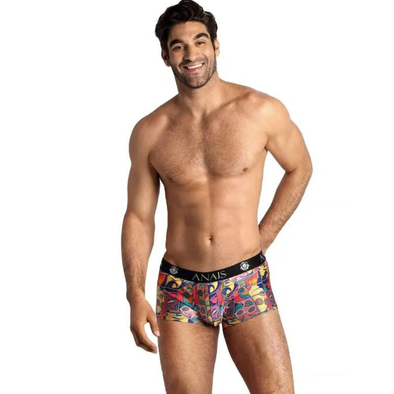 Boxer homme sport modal doux, imprimé bande dessinée colorée, coupe sportive, jambes longues, marque ANAIS.